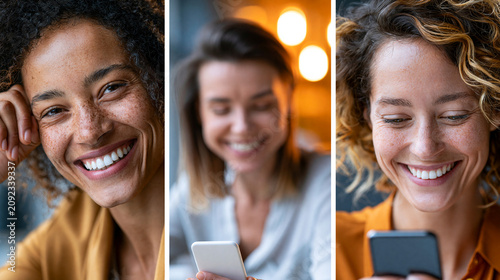 Drei junge Frauen lächeln gemeinsam beim Blick auf ihr Smartphone