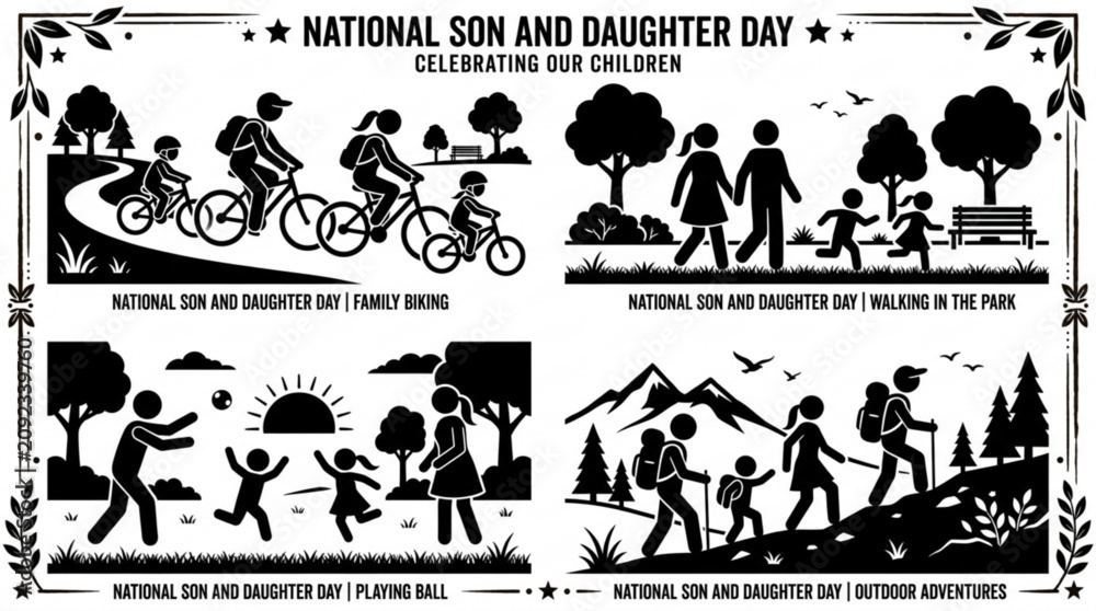 Fototapeta premium National Son and Daughter Day icons, celebrating children, family silhouettes, parent child illustrations