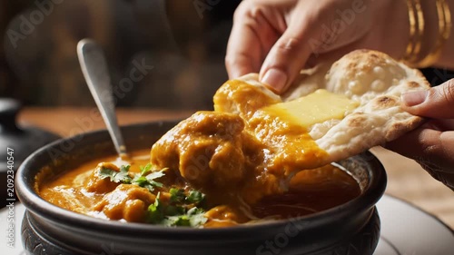 Naan Bread Dipped in Curry, suitable for Indian cuisine, comfort food, cooking, and food photography content.