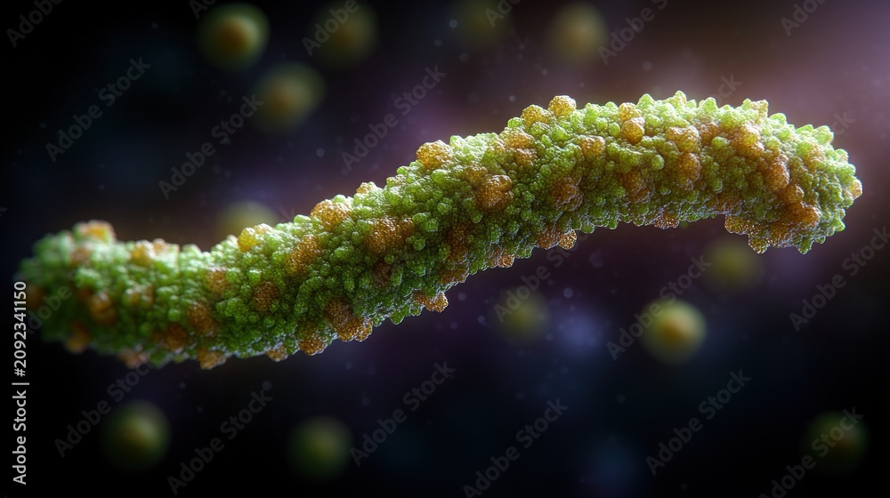Fototapeta premium A green and brown bacterial filament floats in darkness, highlighting its features