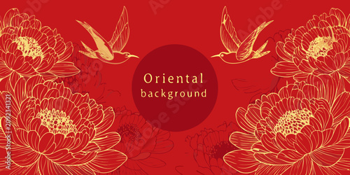 Foto Floral ornament with birds and red background detailed vector illustration