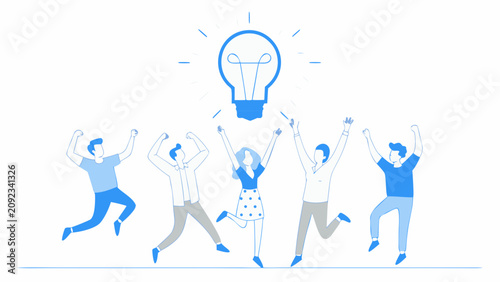 Foto Jumping people with lightbulb illustration linear style on white background