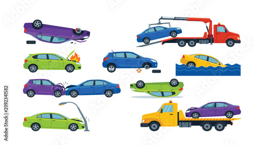 Photos Car accident and breakdown vector illustration collection featuring auto crash o