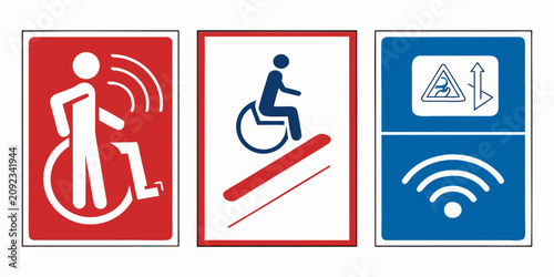Three accessibility signs for disabled people wheelchair ramp wi fi symbols with disabled access public space universal design accessibility signage accessibility icon inclusive design disabled