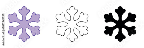 Vászonkép Three stylized snowflake icons in purple, outline, and black