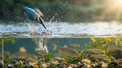 Common kingfisher bird diving into a river with water splash and fish swimming in clear water below