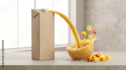 Blank cardboard juice carton with tropical fruit smoothie pouring into a clear glass bowl on table