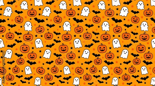 Seamless halloween pattern with cute orange jack-o-lantern pumpkins, white ghosts, black bats, and small stars on a bright orange background