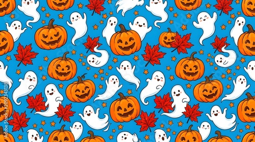 Seamless halloween pattern with cute orange jack-o-lantern pumpkins, white ghosts, red maple leaves, and stars on a bright blue background