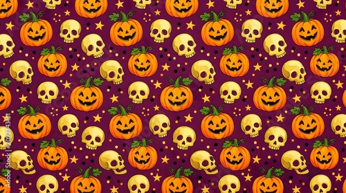 Seamless halloween pattern with cute orange jack-o-lantern pumpkins, yellow skulls, and small stars on a deep purple background