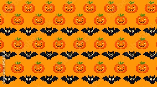 Seamless pattern featuring cute cartoon jack-o-lanterns and black bats on a vibrant orange background, for halloween themed decorations
