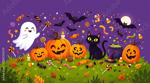 Whimsical halloween featuring a ghost, black cat, jack-o-lanterns, and candy on a grassy field against a purple night sky