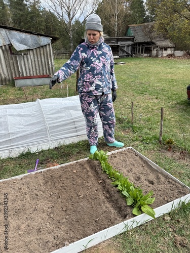 A woman waters a high raised garden bed with a hose, which is covered with spunbond over plastic arches.