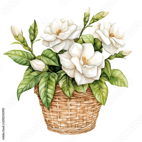 фотографія Gardenia Bouquet In A Basket, watercolor vector portraying a joyful pose with colorful highlights, isolated on a white background
