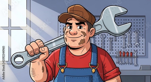 **Hand-Drawn Workshop Hero: Grimy Mechanic with Giant Wrench, Warm Sunlight Rays**