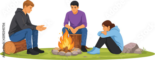 Friends sitting around campfire vector illustration, flat people warming by bonfire isolated on white background