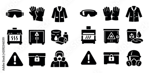 Laboratory safety and protective gear icon set with spill kit safety goggles and warning label for branding design in filled vector art