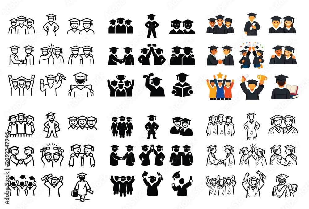 Obraz premium Graduation and success concept icons with mortarboard, diploma and cheering people for presentation design in colorful style