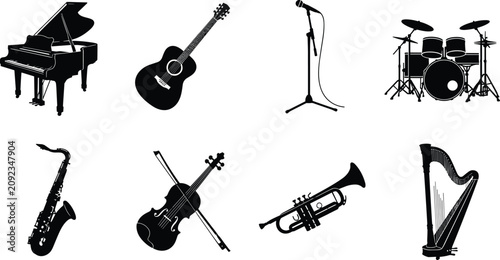 Photography Set of Musical Instruments Silhouette Icons for Concert, Orchestra, and Music Pe