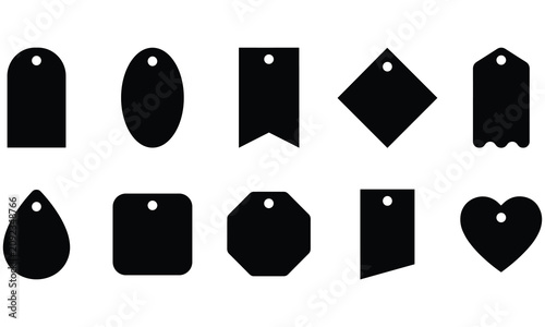 Set of ten black silhouette gift tags and labels in various geometric shapes, isolated on a clean white background