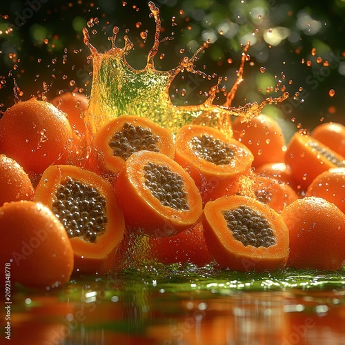 Juicy papayas burst with flavor as warm sunlight creates a lively splash in nature
