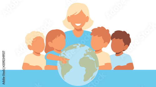 Female teacher and diverse group of young children gather around a terrestrial globe