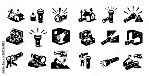 Emergency and safety icon set with flashlight alert beam rescue and backup light for branding design in black and white isometric style