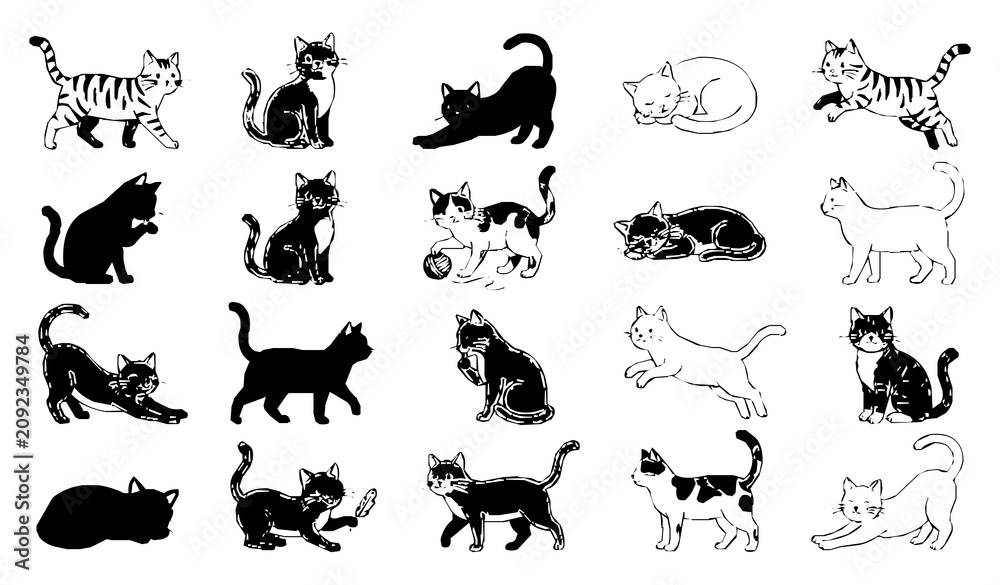 Fototapeta premium Cat vector set with sitting playing and sleeping domestic feline illustrations