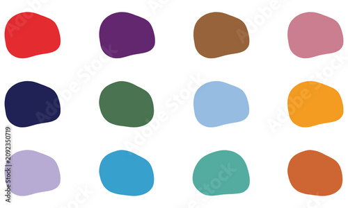 Set of twelve colorful organic blob shapes in various vibrant hues for abstract and creative background layouts