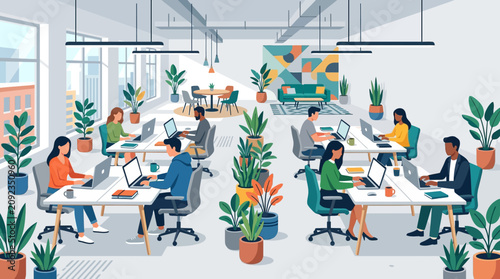 Modern coworking space illustration with diverse professionals working in a bright, plant-filled minimalist office.