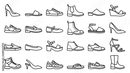 Cuadro en lienzo Collection of Diverse Footwear Styles - Line Art Icons