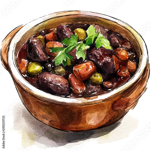 Feijoada, watercolor illustration featuring playful movement and lively expressions, isolated on a white background.