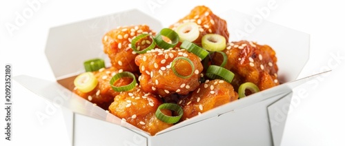 Crispy golden fried chicken bites in takeout box with sesame seeds and green onions on white background for food photography or restaurant menu usage