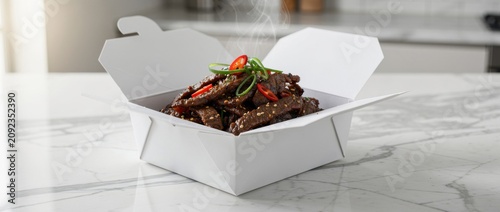 Delicious and Flavorful Stir-Fried Beef in White Takeout Box with Fresh Vegetables and Steam Rising on Marble Countertop
