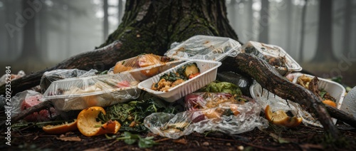 Discarded Food Waste Pile at the Base of a Tree in a Foggy Forest Landscape with Overgrown Vegetation and Natural Elements