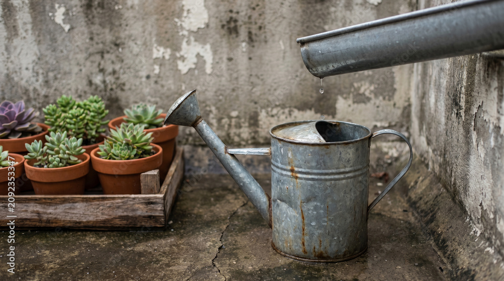 Fototapeta premium Close Detail Gutter Drip Into Watering Can With Succulents On Wet Concrete
