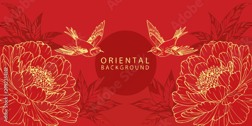 Photography Floral ornament with birds and peonies golden lines on red background