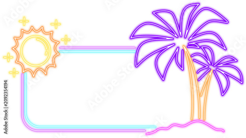 Neon Glow Tropical Beach Scene With Sun and Palm Trees  Frame Border Banner