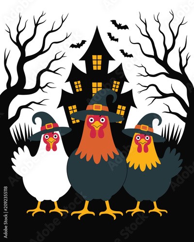 Festive Halloween gathering with three chickens wearing witch hats and a haunted house