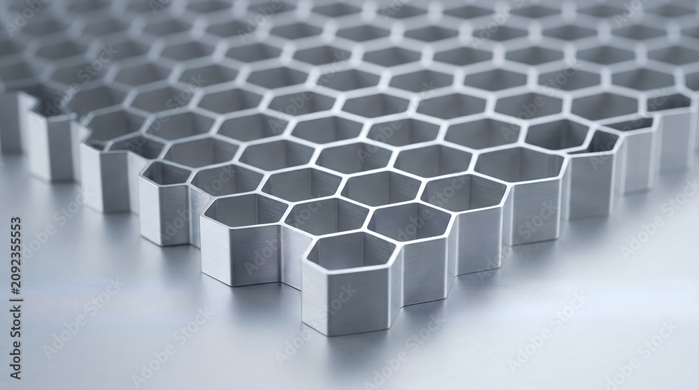 Fototapeta premium Close up macro view of a metallic hexagonal honeycomb structure pattern with geometric silver cells honeycomb geometric structure industrial abstract material