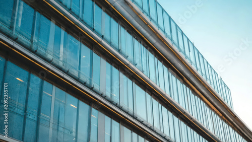 Low-angle view of tall glass office building with repeating geometric window grid stretching upward against clear blue sky. Corporate structure concept