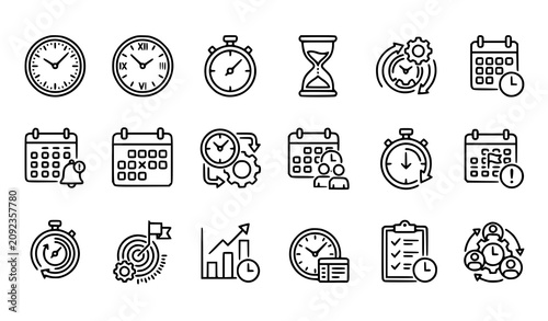 Tableau sur toile Modern timekeeping outline icon collection with business planning and timer symb