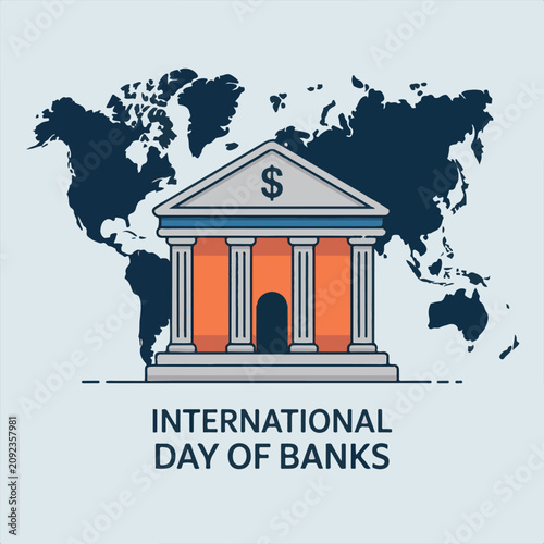 International Day Of Banks Vector Illustration,
Global Banking Concept Flat Vector Design,
Modern Bank Building World Map Vector Illustration.