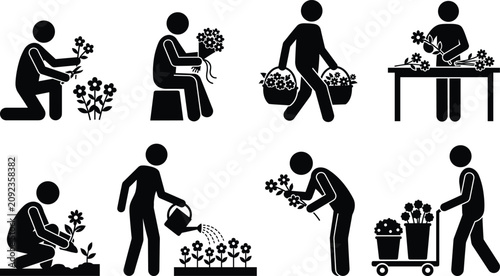 Canvastavla Flower Gardening Worker Silhouette Collection with Floral Plant Care and Florist
