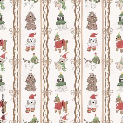Christmas Dog Seamless Pattern Vintage Holiday Puppy Lattice Star Winter Festive Fabric Pet Print