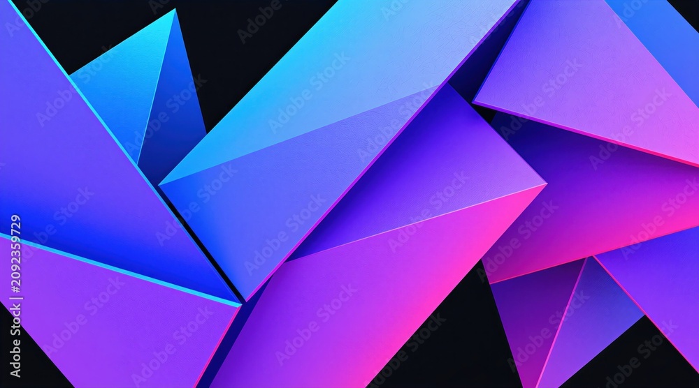 Obraz premium Abstract geometric shapes with sharp angles in blue purple pink gradient. Dark background with intersecting planes creating depth and perspective. Modern digital art.