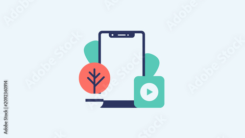 Digital Content Creation smartphone mockup with video play icon and stylized plant ideal for social media marketing and online education platforms.