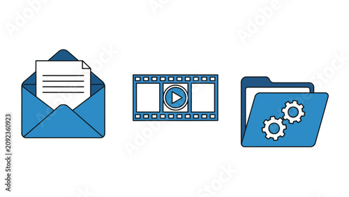 Digital Content Icons featuring blue envelope, film strip, and gear folder on white background ideal for web design and business presentations.