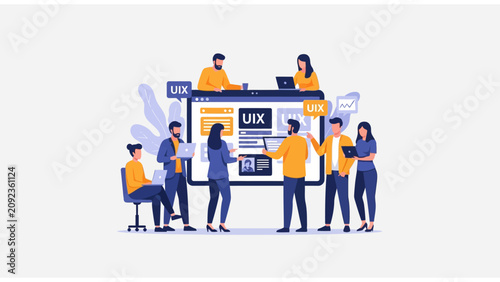 Collaborative UI/UX Design Team flat vector illustration of professionals working on web interface development with laptops ideal for tech blogs and digital agency marketing.