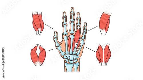 Human Hand Anatomy Diagram featuring detailed skeletal structure and muscle fiber illustrations on white background, ideal for medical education and healthcare presentations.